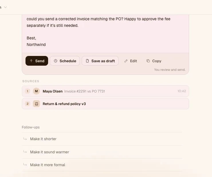 An email written in Clafk Agent with Send, Schedule and Save as draft buttons, citing Maya Olsen’s email and the return and refund policy