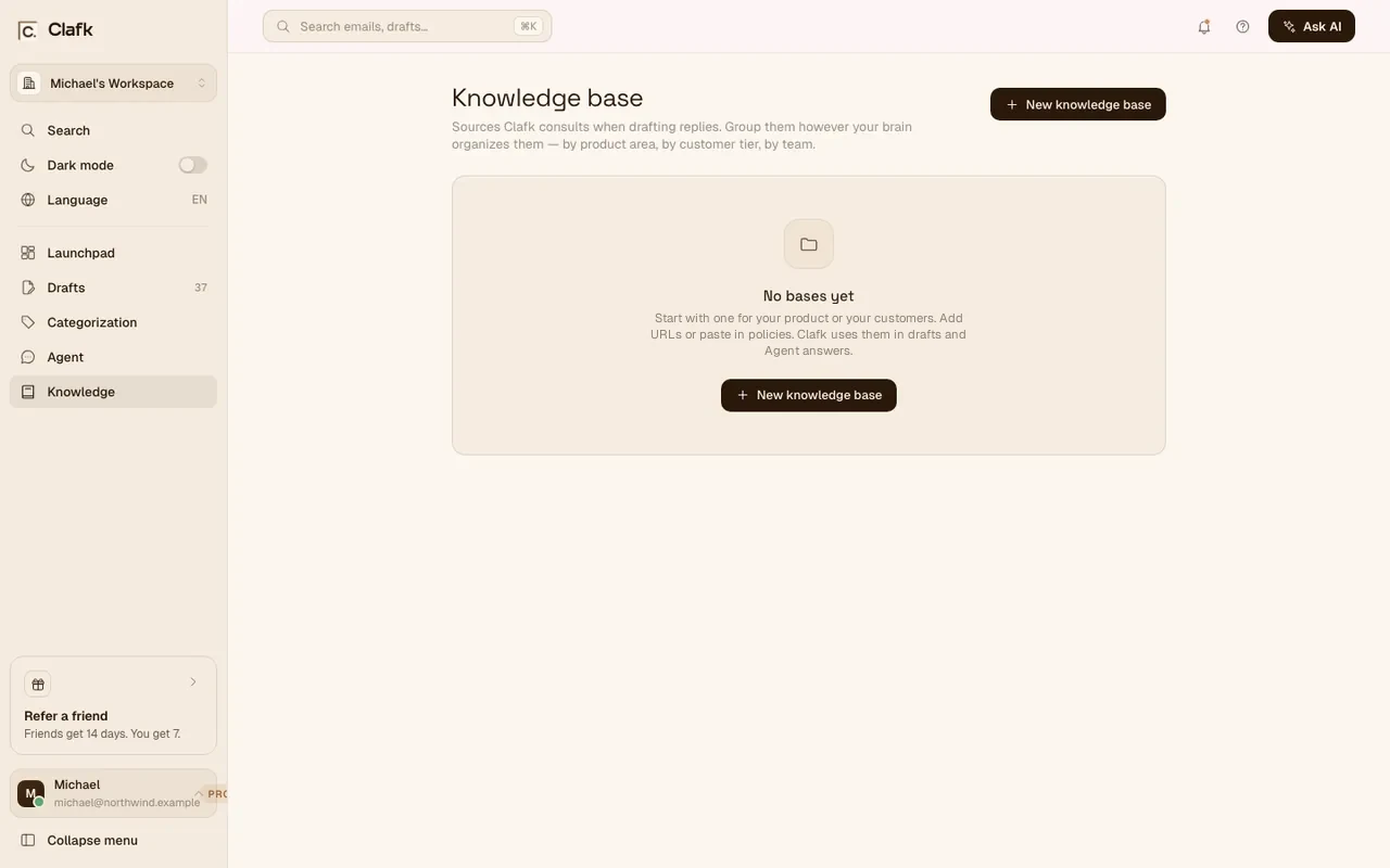 The Clafk knowledge base, where you group the sources Clafk uses when it writes replies