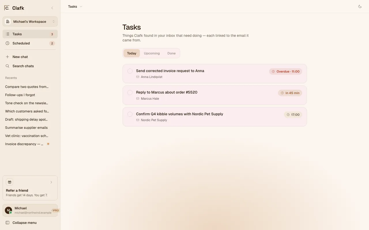 Clafk Tasks: to-dos found in email, each with its sender and when it is due